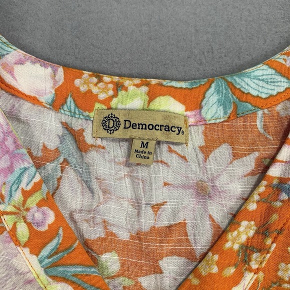 Democracy Floral V Neck Blouse Womens Medium Orange Boho Tie Hem Top - Picture 5 of 8